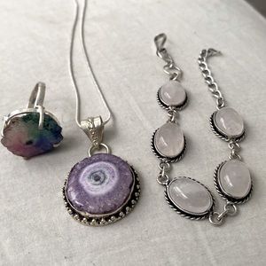 Bundle!Solar quartz pendant and ring.   Rose Quartz adjustable bracelet